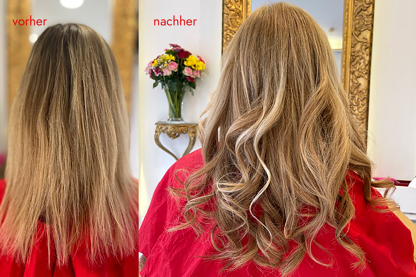 Angelicas Hair Extensions: Kundin vorher und nachher mit Haarverdichtung - balayage blond