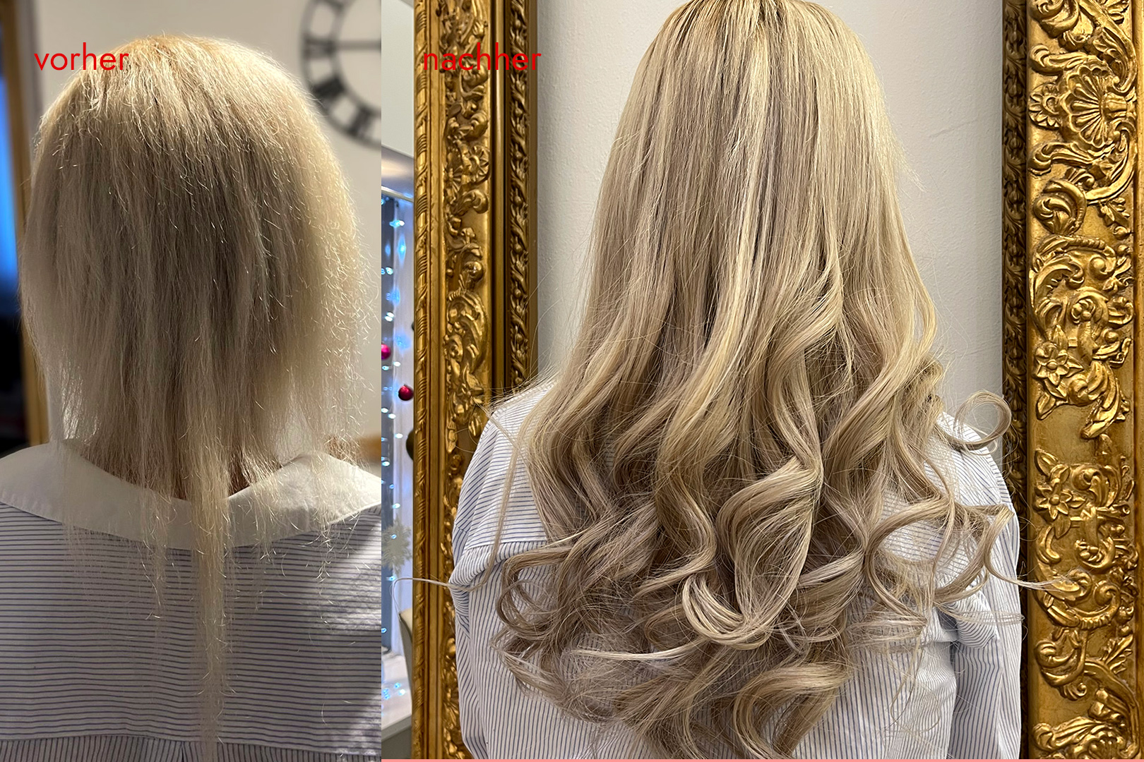 Angelicas Hair Extensions: Kundin vorher und nachher mit Haarverlängerung - balayage blond